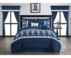 Chic Home Safforn-Bettwäsche-Set, 20-teilig, geometrisches Muster, Ikat, Bestickt, Bettlaken, Kissenbezüge, Fensterdekoration King Navy