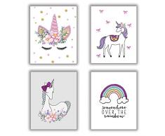 HOME_PLAY Einhorn Kunstdruck Set von 4 (25,4 x 20,3 cm Rainbow Art Unicorn Geschenk für Mädchen, Leinwand Gemälde Poster und Kunstdrucke Wandbilder für Kinder Zimmer Home Decor, Ohne Rahmen