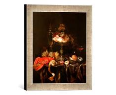 Gerahmtes Bild von Abraham Hendricksz Van Beyeren Stilleben mit Früchten und Hummer, Kunstdruck im hochwertigen handgefertigten Bilder-Rahmen, 30x30 cm, Silber Raya
