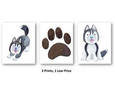 Ramini Brands Baby Kinderzimmer Decor Kunstdrucke – Set von 3 ungerahmten Kunstdrucken, Husky Welpe Hund Pfotenabdruck – tolles Geschenk für Babyzimmer Wanddekoration