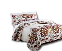 Dada Bettwäsche Kollektion edlen böhmischen Casablanca Quilt, Patchwork Tagesdecke, Set, Floral, Weiß & Rot, 2–3-teilig, Polyester-Mischgewebe, Weiß/Rot, Volle Größe
