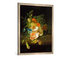 Gerahmtes Bild von Rachel Ruysch Blumenstilleben mit Schmetterlingen auf Einer Steinbank, Kunstdruck im hochwertigen handgefertigten Bilder-Rahmen, 70x100 cm, Silber Raya