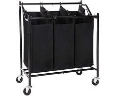 Benjara Wäschekorb mit Rollen, Metall, 3 Taschen, Schwarz