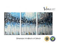 HLJ 3 Stück Handgefertigt Abstrakt Modern Öl Gemälde gerahmt auf Leinwand fertig Zum aufhängen auf Badezimmer Wohnzimmer Wand Dekoration Large Blau