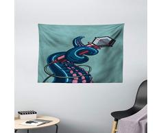 ambesonne Octopus Decor Kollektion, Oktopus Tentakel hält ein Mikrofon Retro Style Cartoon Rock and Roll Art Home Decor, Schlafzimmer Wohnzimmer Wohnheim Wandbehang Wandteppich, 152,4 x 101,6 cm, Blaugrün, Pink,