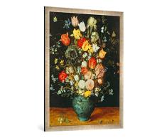 Gerahmtes Bild von Jan Brueghel der Ältere Blumenstrauß in Einer blauen Vase, Kunstdruck im hochwertigen handgefertigten Bilder-Rahmen, 70x100 cm, Silber Raya