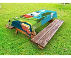 Lunarable Happy Camper Outdoor-Tischdecke, Cartoon-Angelausflug, Wohnwagen, Boot, Feuerschale, Campingtisch, Wäscheleine, dekorative waschbare Picknick-Tischdecke, 147 x 213,4 cm, Mehrfarbig