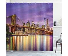 Ambesonne York Duschvorhang, NYC Exquisite Skyline Manhattan Broadway Old Neighborhood Tourist Country Print, Stoff Badezimmer Decor Set mit Haken, 75 lang, lila Gold