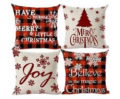 ramirar 4 Stück Weihnachten Dekorative Überwurfkissen Kissenbezug Kissen Home Wohnzimmer Bett Sofa Auto Baumwolle Leinen quadratisch 45,7 x 45,7 cm 18 x 18 Inches Rot-1