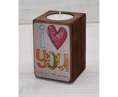 N/A NA Teelichthalter aus Holz, dekorativer Kerzenhalter für Zuhause, romantischer Kerzenhalter Art Deco I Loveyou
