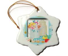 3dRose ORN 128872 _ 1 Cupcake Eier & Kochen Spaß Rahmen mit Pretty Gießkanne mit Blumen & Lemon Schneeflocke Porzellan Ornament, 7,6 cm