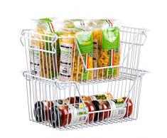 SANNO stapelbare Körbe Organizer 2 Körbe stapelbar Wandregal – Obst Gemüse Organisation Speisekammer Schrank Metalleimer für Küche Theke Badezimmer Regale Aufbewahrung