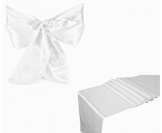 Elina Home Combo Tischläufer aus Satin, 10 Tischläufer und 50 Schleifenschärpen, Tischläufer und Stühle, Hochzeit, Weiß