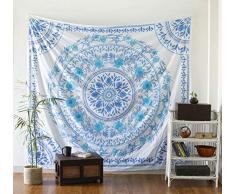 Labhanshi Blue Sketched Floral Medaillon Tapisserie – Mandala Wand Hanging – Hippie Bohemian Wall Decor Art – Boho Queen Size indische Baumwolle Tagesdecke für Schlafzimmer Wohnzimmer Decor