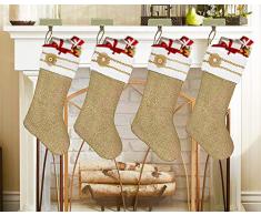 AISENO 4 Stück 50,8 cm Leinen-Jute, Weihnachtsstrümpfe mit Handarbeit, Jute, Blumen, hängende Ornamente, Süßigkeiten-Geschenktüten für Weihnachtsdekorationen