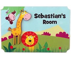 Rikki Knight Sebastians Room Türschild, 3D-Giraffe auf Dschungel, mit Namen für Kinder- und Babyzimmer