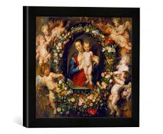 Gerahmtes Bild von Peter Paul Rubens Die Madonna im Blumenkranz - Der Blumenkranz von Jan Brueghel d.Ä. 1568-1625, Kunstdruck im hochwertigen handgefertigten Bilder-Rahmen, 30x30 cm, Schwarz matt