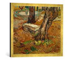 Gerahmtes Bild von Vincent Van Gogh Steinbank im Garten des Hospitals Saint-Paul, Kunstdruck im hochwertigen handgefertigten Bilder-Rahmen, 70x50 cm, Gold Raya