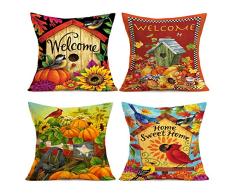 Asminifor Kissenbezüge Retro Blumen Vintage Blumen Baumwolle Leinen Bauernhaus Dekor Überwurf Kissenbezug für Zuhause Sofa Couch 45,7 x 45,7 cm 4 Stück Frühlingsdekoration Kissen 18 x 18 inches Welcome Fall Bird