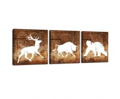 sechars – 3 Wandposter mit abstraktem Hirsch, Bär, Berg, Wald, Vintage-Druck auf Leinwand, rustikal, Heimdekoration, Bild für Wohnzimmer, Schlafzimmer, Gemälde, fertig zum Aufhängen 12x12x3pcs
