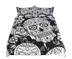 feelyou Bettwäsche-Set, Blumen-Motiv Sugar Skull mit Blumenstrauß bedruckt, Doppelbett, King-Size-Bett, Polyester, dekorativer Gothic-Komplettbezug mit Kissenbezügen, Horror-Motiv, Rot / Schwarz Full schwarz / weiß