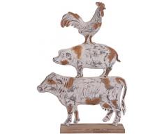 Urban Trends 31519 Metall Huhn Pig Tisch Kuh Skulptur auf rechteckig Holz Boden lackiert, Braun/Grau/Weiß