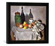 Gerahmtes Bild von Paul Cézanne Stilleben (Früchte und Geschirr), Kunstdruck im hochwertigen handgefertigten Bilder-Rahmen, 40x30 cm, Schwarz matt