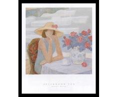 Buyartforless Poster Nachmittags-George Xiong, gerahmt, abstrakte Figurative Frau sitzt am Tisch mit Tee- und Blumentopf, Weiß