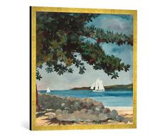 Gerahmtes Bild von Winslow Homer Nassau: Wasser und Segelboot, Kunstdruck im hochwertigen handgefertigten Bilder-Rahmen, 70x70 cm, Gold Raya