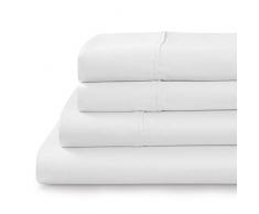Tranquil Nights Bettlaken-Set aus 100 % Supima-Baumwolle, Fadenzahl 750, 4-teiliges Set, langstapelig, gekämmte Baumwolle, Satin-Gewebe, Picotting, sehr weich und glänzend, passend für Matratzen bis zu 45,7 cm Tiefe Taschen Twin weiß