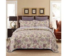Dodou Bettwäsche-Set, für Queen-Size, wunderschönes Blumen-Muster, Tagesdecke, wendbar, Patchwork, 100% Baumwolle, Patchwork, 3-teiliges Set Queen Blumenmuster 1