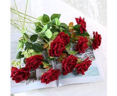 JUSTOYOU Künstliche Blumen Rosen Samt Blumen Fake Lange Stiel Rot Künstliche Rosen für Hochzeit Zuhause Dekoration in Rot 10 Stück Rosen Blumenstrauß (Dunkelrot)