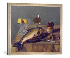 Gerahmtes Bild von Otto Scholderer Stilleben mit Zitronen auf einer Glasschale, Fisch, Walnüssen, Weinglas und Weinkrug, Kunstdruck im hochwertigen handgefertigten Bilder-Rahmen, 70x50 cm, Silber raya
