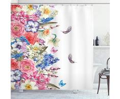 Flower Vorhang für die Dusche von ambesonne, Vintage Vivid Kranz mit Narzissen Hyazinthen Kamille Lilien Schmetterling Bild, Stoff Badezimmer Decor Set mit Haken, 177,8 cm, Pink Blau