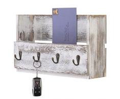 MyGift Rustikaler Briefhalter mit 4 Schlüsselhaken, Weiß gekalktes Holz