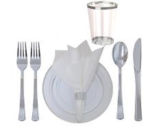 Einweggeschirr-Set für Hochzeiten, Kunststoff, 360 Stück Ess- und Dessertteller mit silberfarbenem Rand, silberfarbenes Besteckset, Becher, Servietten mit Leinengefühl und Strassserviettenringen