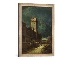 Gerahmtes Bild von Carl Spitzweg Nächtliche Landschaft mit Nachtwächter, Kunstdruck im hochwertigen handgefertigten Bilder-Rahmen, 50x70 cm, Silber Raya