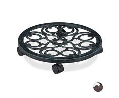 Relaxdays Pflanzenroller rund, Metall, Gefäßroller für innen & außen, antik, Ø 38 cm, Rolluntersetzer Blumentopf, grün