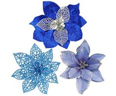 Dreecy 24 Set 3 Stile blaue Weihnachtsstern Blumen Weihnachten Blau Glitzer Weihnachtsstern Blumen Picks Weihnachtsbaum Ornamente für Blaue Weihnachtsbaum Kränze Girlande Urlaub saisonale Hochzeit Dekoration