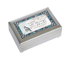 Cottage Garden Spieluhr, Motiv All Things Through Christus, mit Schmucksteinen, Blau