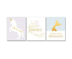 Bezaubernde Kunst Märchen Einhorn Feen Meerjungfrau Aquarell Illustration Druck Cartoon Artwork Leinwand Gemälde Set von 3 Kunstposter 20,3 x 25,4 cm Kinder Mädchen Schlafzimmer Kinderzimmer Wanddekoration