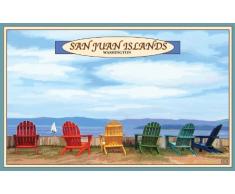 Northwest Art Mall San Juan Islands Washington, Adirondack Stühle und Segelboot, ungerahmt, 28 x 43 cm