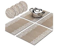 Jute und Spitze Dekorative Modular Untersetzer Läufer für Tisch (4 PCS Platzdeckchen) ausziehbar Hot Pad extralang Design mit Untersetzer, hitzebeständige Oberfläche, für Hot Teller, Töpfe, Geschirr, Kochgeschirr Küche