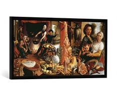 Gerahmtes Bild von Pieter Aertsen Die reiche Küche, Kunstdruck im hochwertigen handgefertigten Bilder-Rahmen, 100x50 cm, Schwarz matt