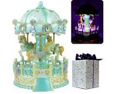ACCOCO Großes Karussell Spieluhr, luxuriös, Farbwechsel, LED-Licht, Leuchtend, drehbar, 3 Pferde, Spieluhr, Zwei Melodien, die Sie von Castle in The Sky und Swan Lank tragen blau