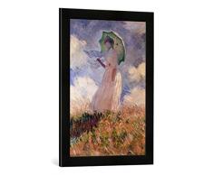 Gerahmtes Bild von Claude Monet Frau mit Sonnenschirm, nach Links gewendet, Suzanne Hoschedé, Kunstdruck im hochwertigen handgefertigten Bilder-Rahmen, 40x60 cm, Schwarz matt