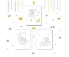 HPNIUB Elefanten-Poster, Set mit 3 Stück, 20,3 x 25,4 cm, bezaubernde Tier-Kunstdrucke, keine Rahmen + bunte Regenbogen-Regentropfenster-Aufkleber für Fenster, Kinderzimmer, Spielzimmer, Heimdekoration. elefant