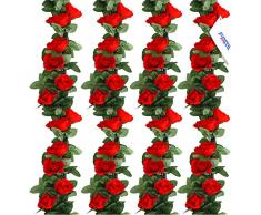 FAMI Künstliche Rosenranken, Kunstblumen, Seide, Rosen, Efeupflanzen zum Aufhängen, für Hochzeiten, Zuhause, Büro, Arrangement Dekoration, 4 Stück rot