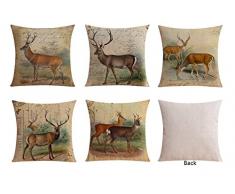Bailand Set von 5 retro Deer Combo Einfach Baumwolle Leinen Quadratisch Dekorative Sofa Bett Kissenbezug Home Decor 45,7 x 45,7 cm (45 x 45 cm), baumwolle, Deer Retro Combo, 18x18 Inch