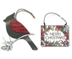 S&C Christmas Kardinal mit Weihnachtsstern aus Metall und Holz, rustikale Feiertagsdekoration, 2-teiliges Set